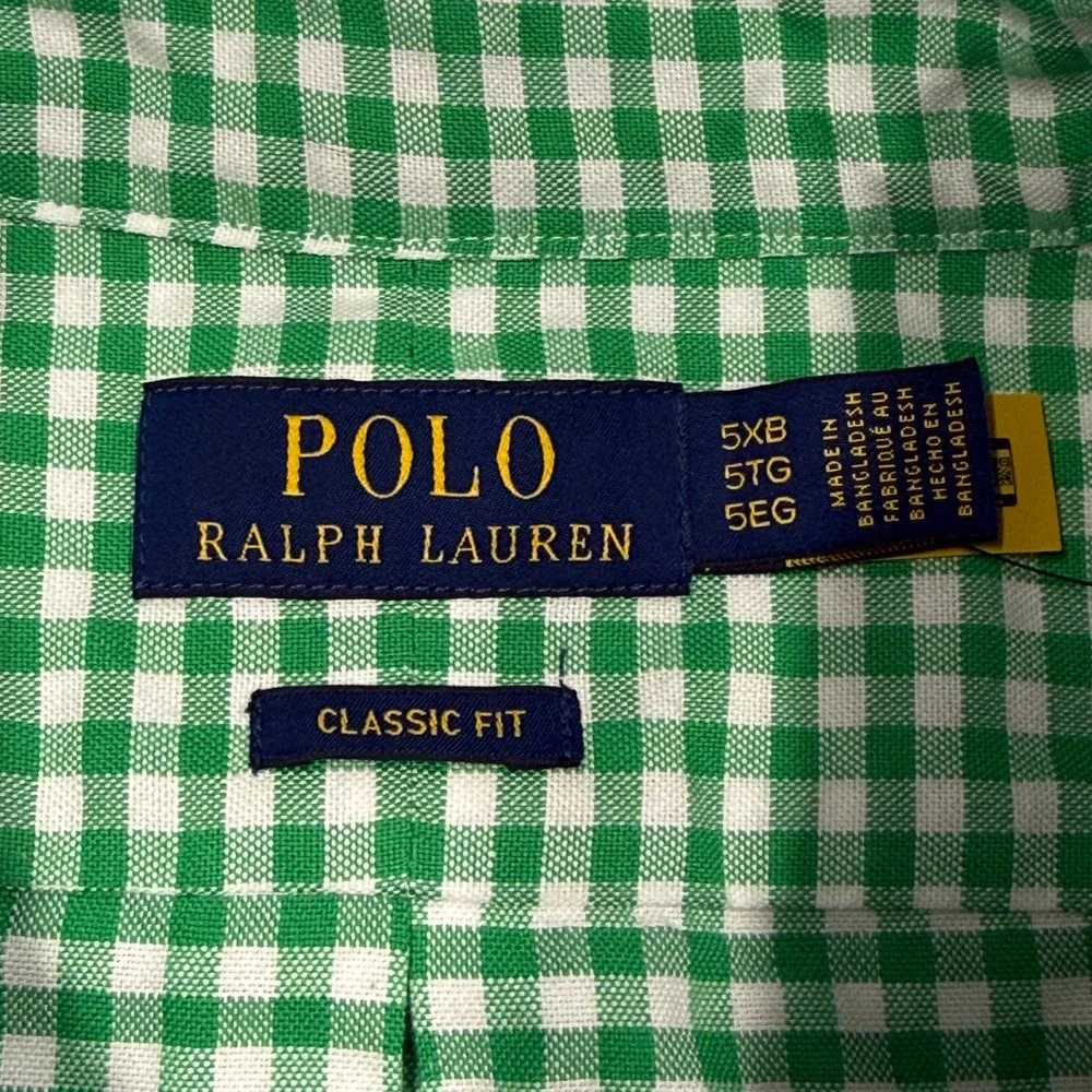 Polo Ralph Lauren Mens 5XB Green Gingham Check Button Down Shirt Classic Fit NWT